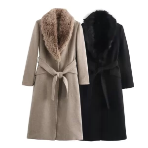 Women's Fur Collar Belted Winter Coat 2024 Trend