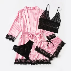Women's 4-Piece Floral Lace Satin Pajama Set with Robe