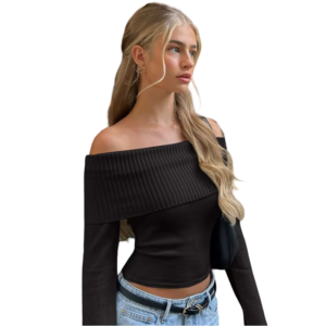 Off Shoulder Ribbed Crop Top Long Sleeve Y2K Style